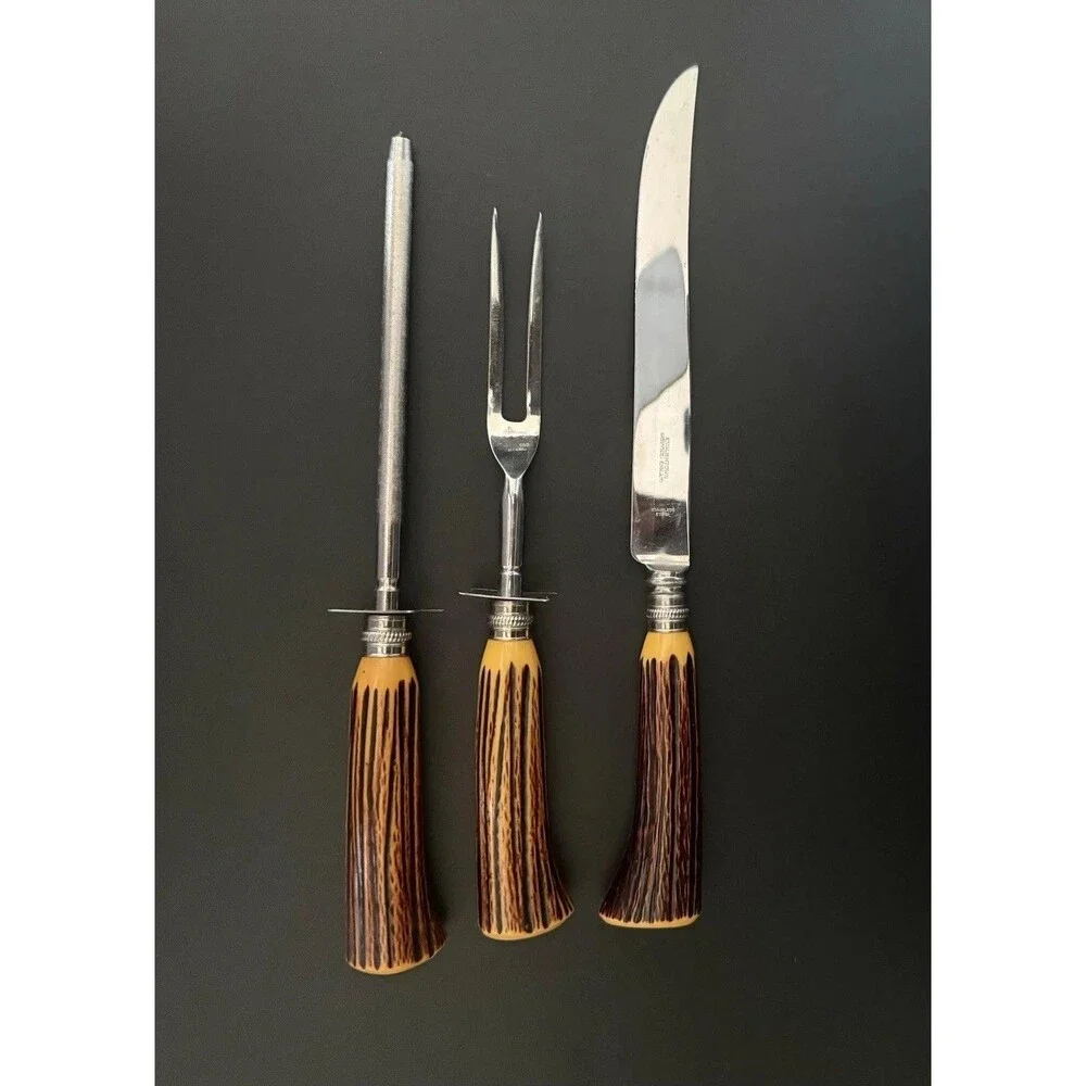 Vintage Sheffield England Carving Set Antler Style Handle Knife Fork Sharpener
